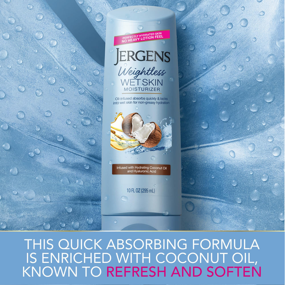 Jergens Coconut Oil lotion texture hints at non-sticky finish.