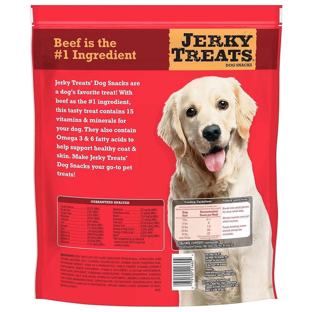 Jerky Treats Tender Beef Strips close-up shows ingredients and omega fatty acids for skin and coat.