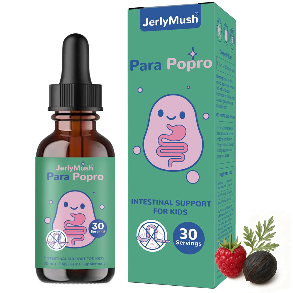 JerlyMush ParaPopro bottle being poured for gentle digestive support.