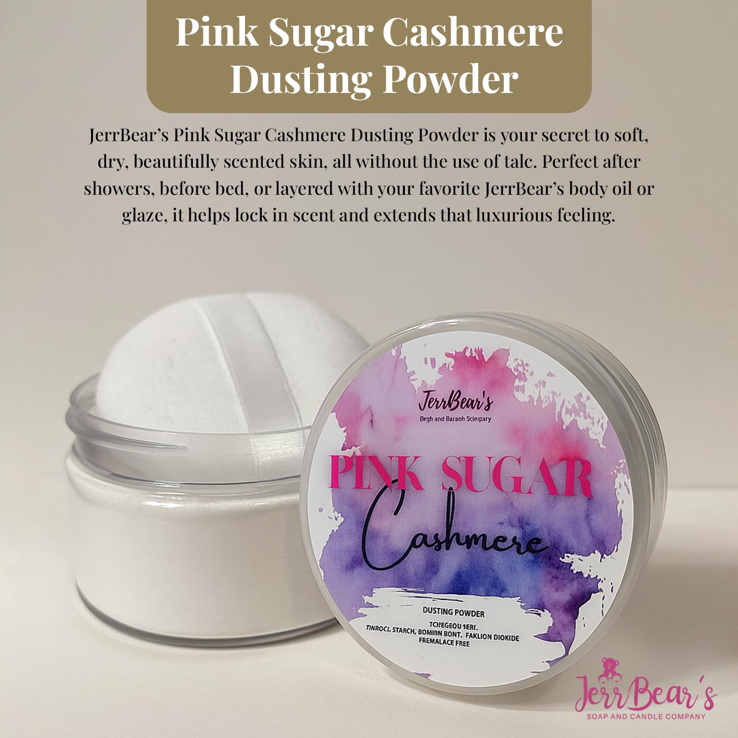 Close-up of JerrBear’s Pink Sugar Cashmere powder, talc-free and moisture-absorbing.