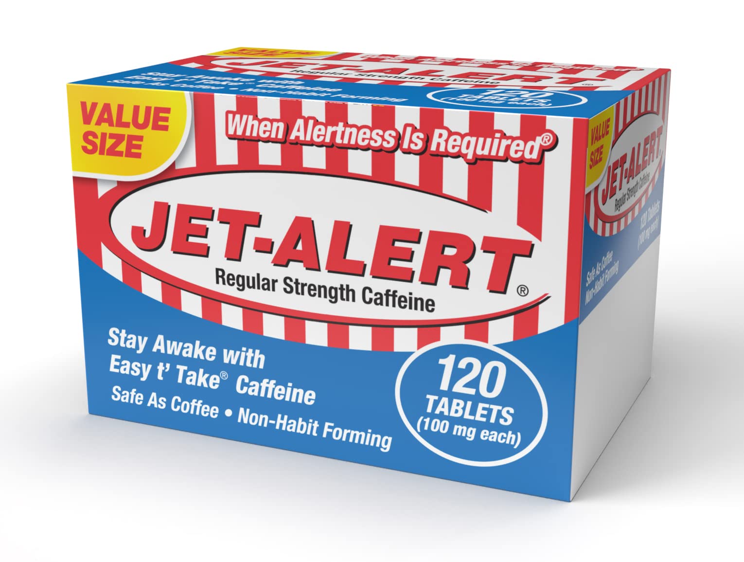 Jet-Alert 100 mg caffeine tab box front for quick alertness on demand.