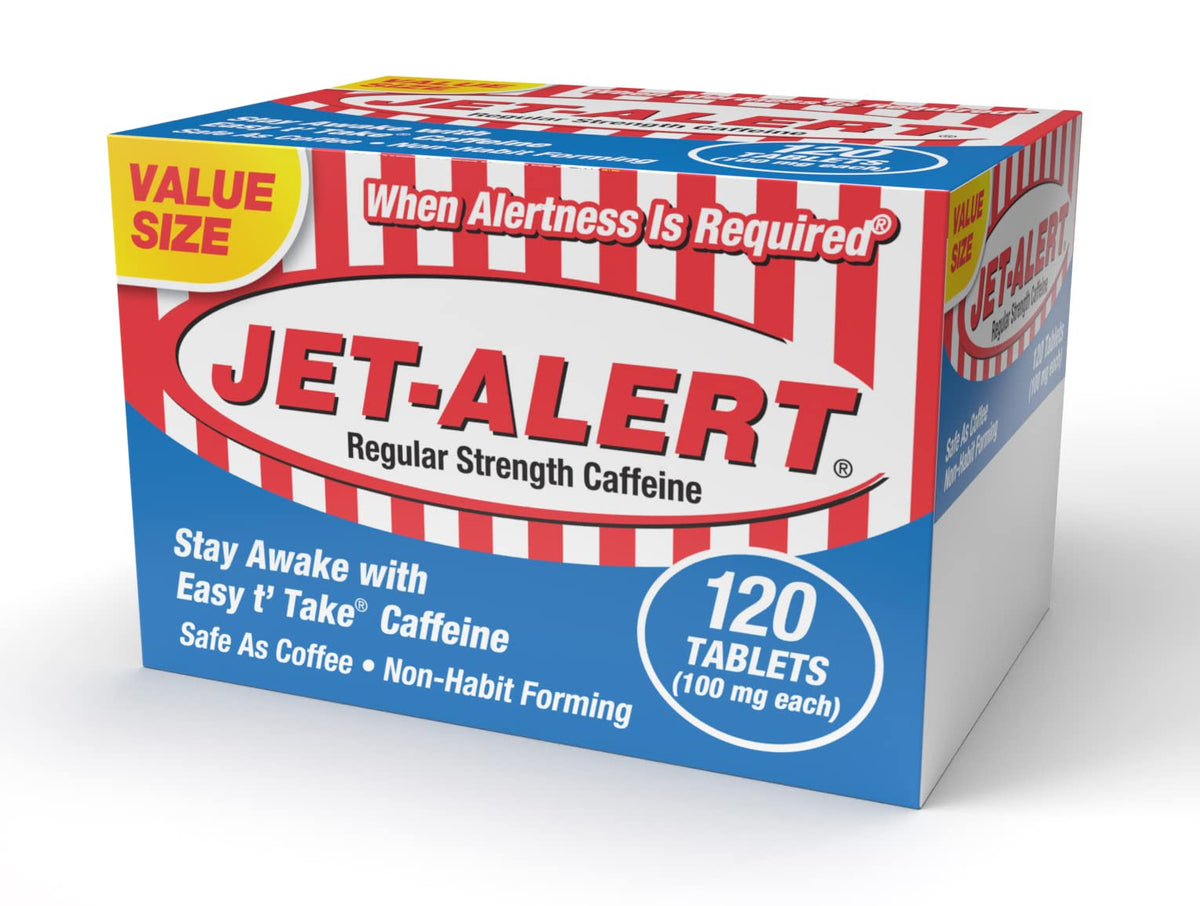 Jet-Alert 100 mg caffeine tab box front for quick alertness on demand.