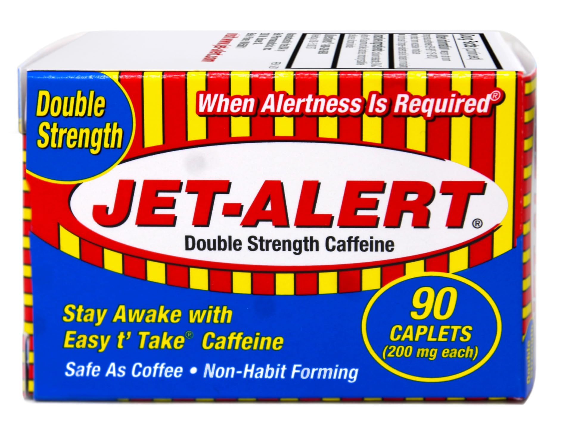 Jet-Alert caplets closeup highlights 200 mg dosage for quick focus when needed.