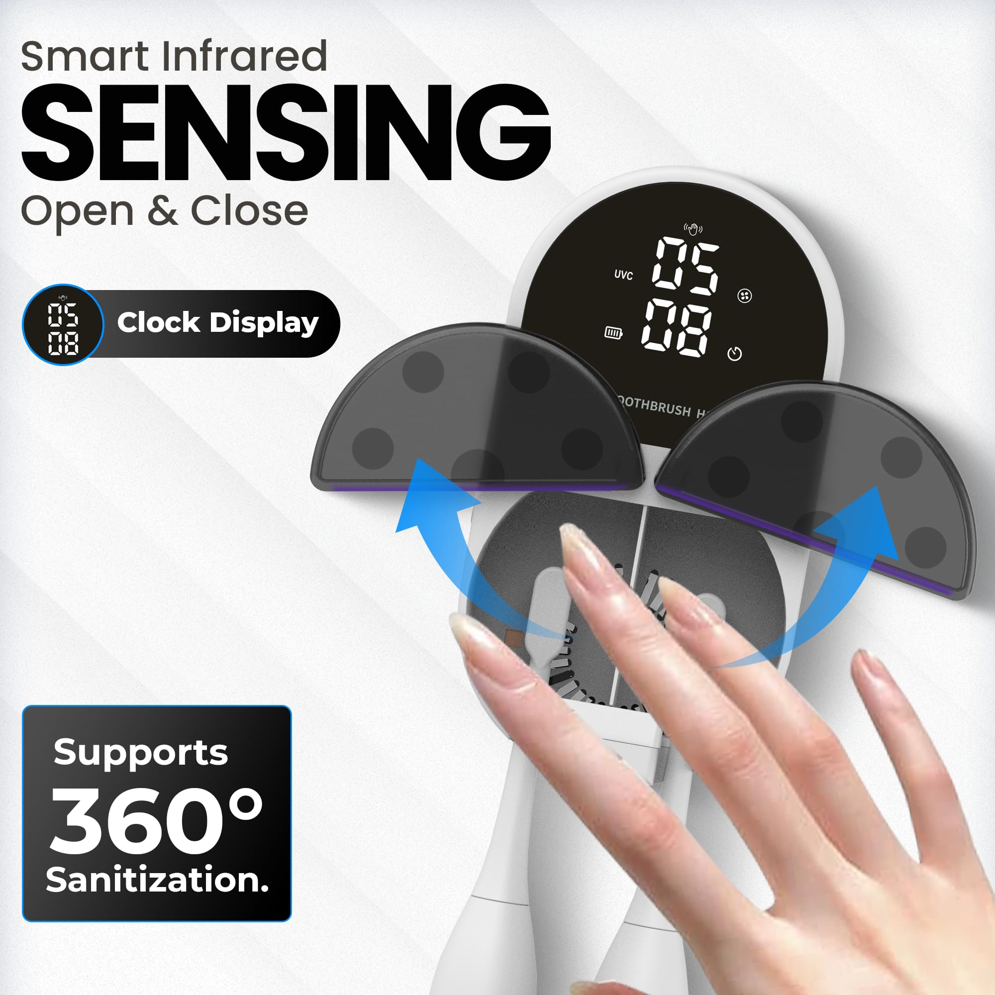 JetFresh UV toothbrush sanitizer holder LED clock display at top for convenient timing.