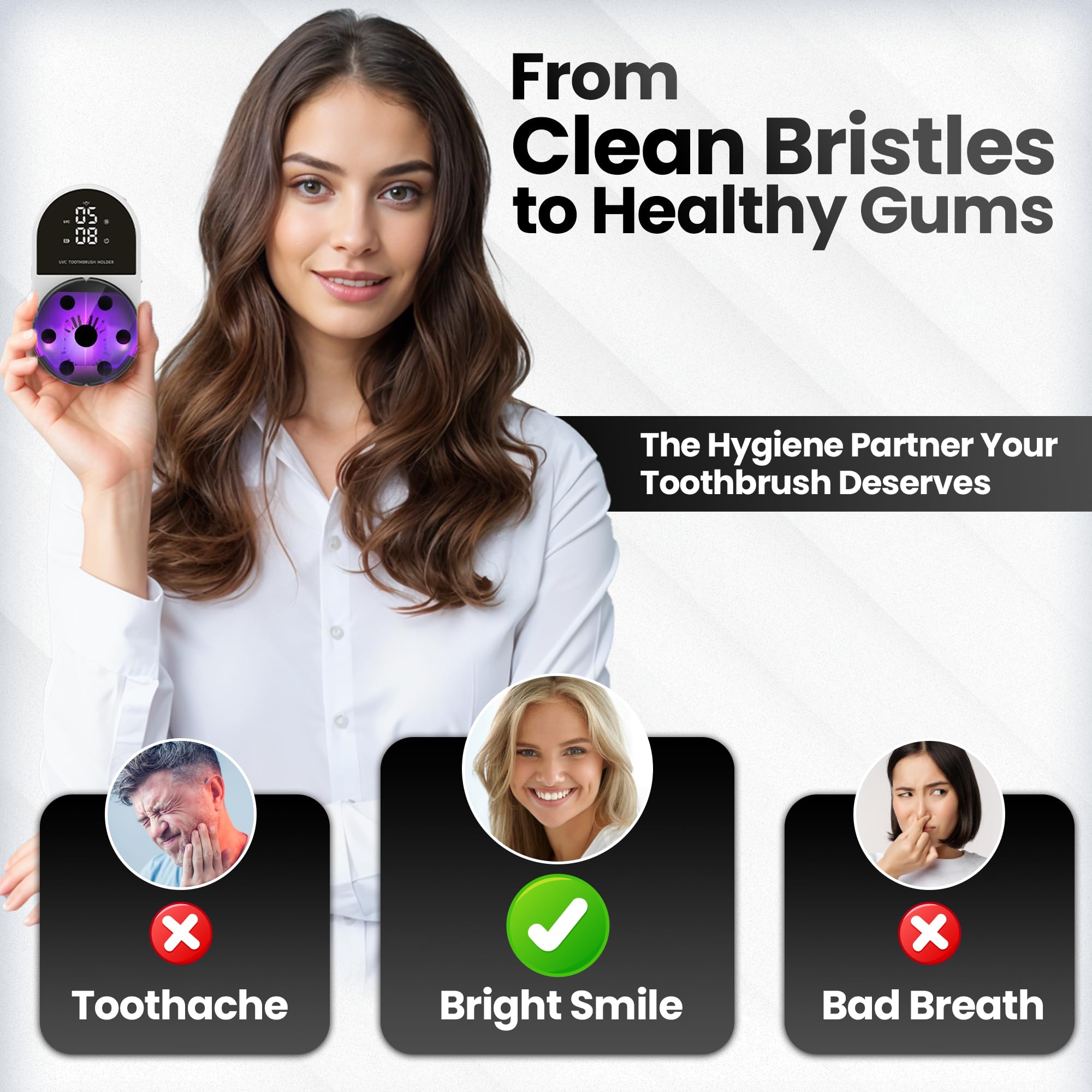 JetFresh UV toothbrush sanitizer holder lid open during wave sensing for hands-free use.
