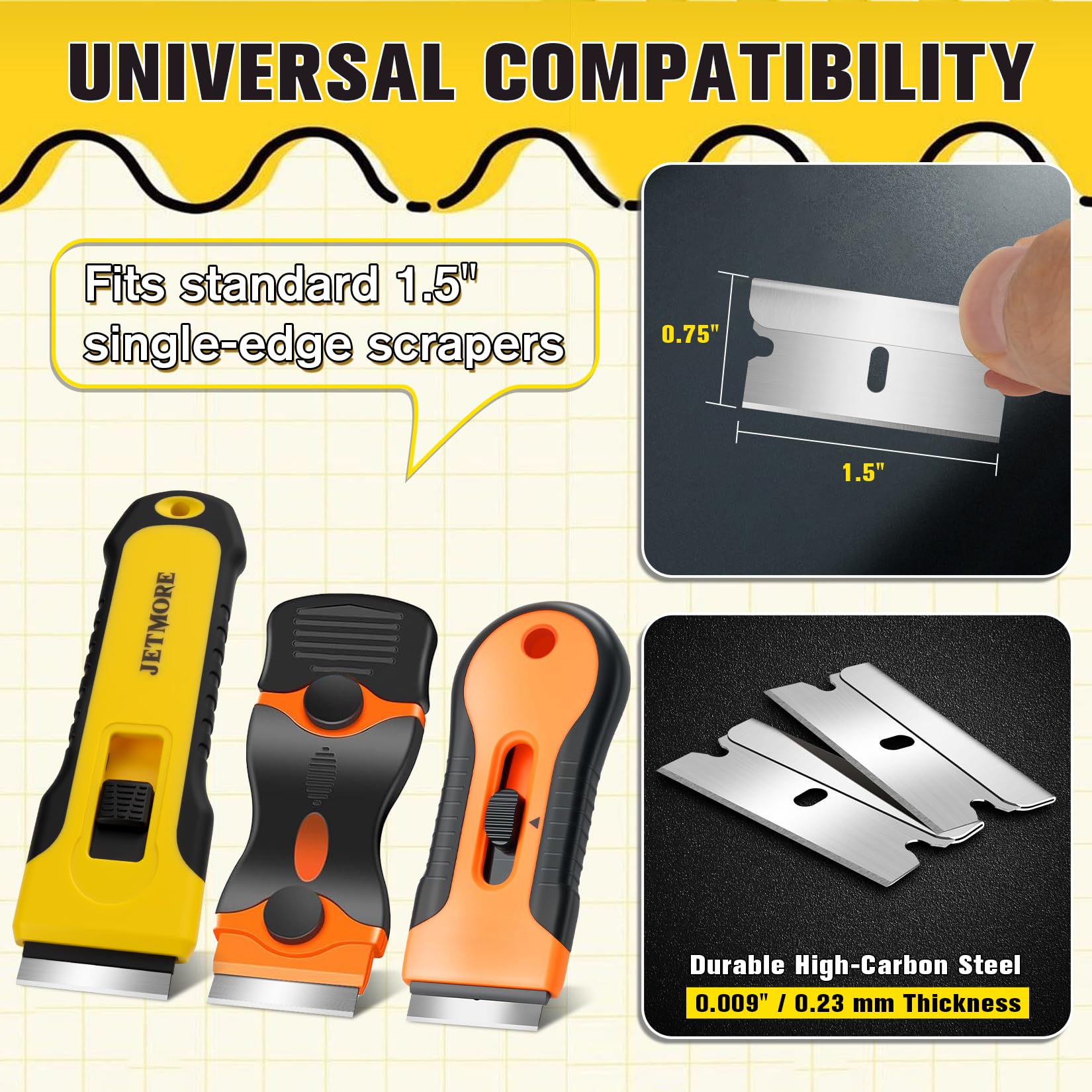 Jetmore individually wrapped blades ensure clean storage and safety.