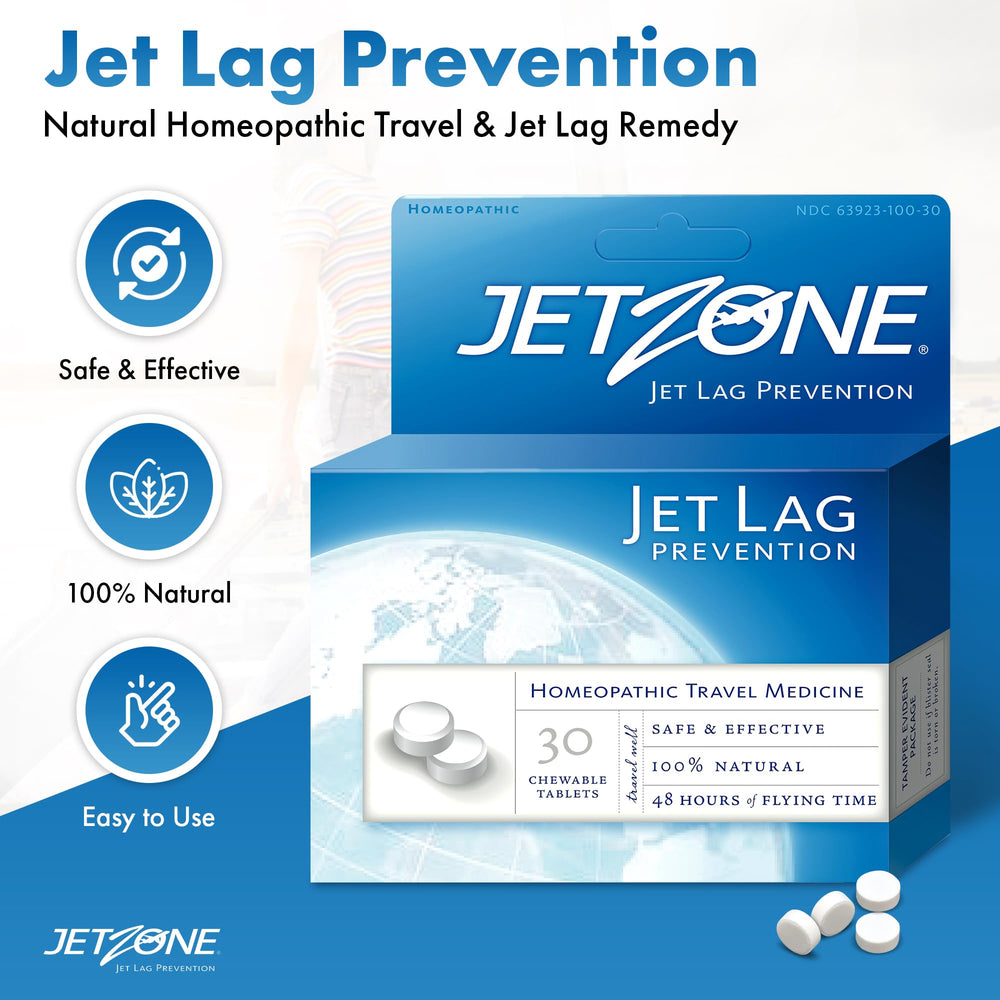 JetZone Jet Lag Remedy chewables on a blister pack for easy packing.