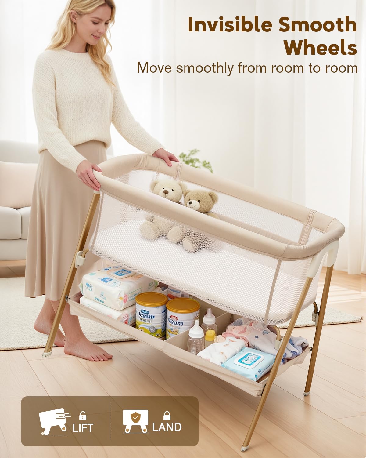 JevrJeur Bedside bassinet auto-lock wheels ensure smooth, secure mobility.