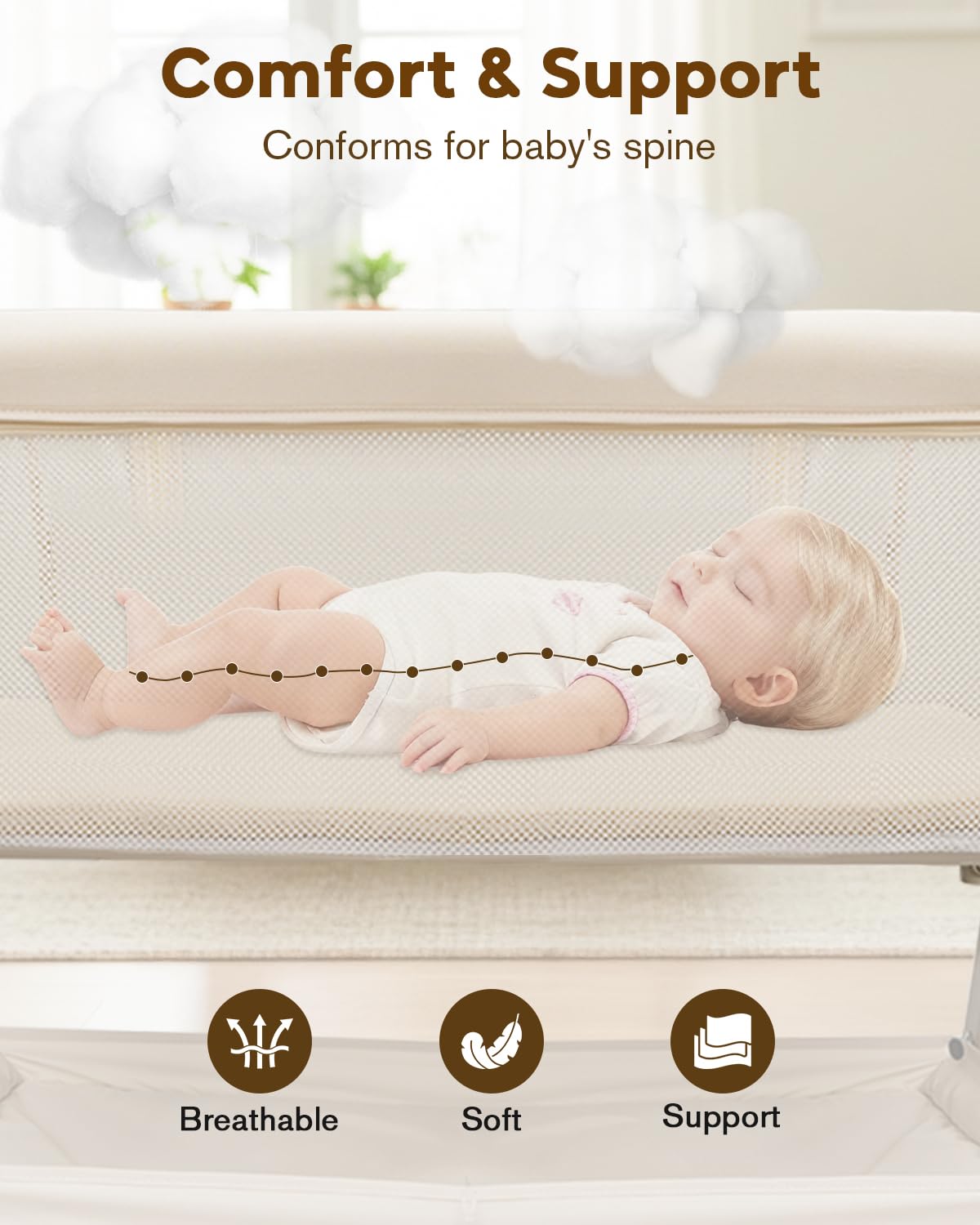 JevrJeur Baby Bassinet bedside setup ready for versatile room placement.