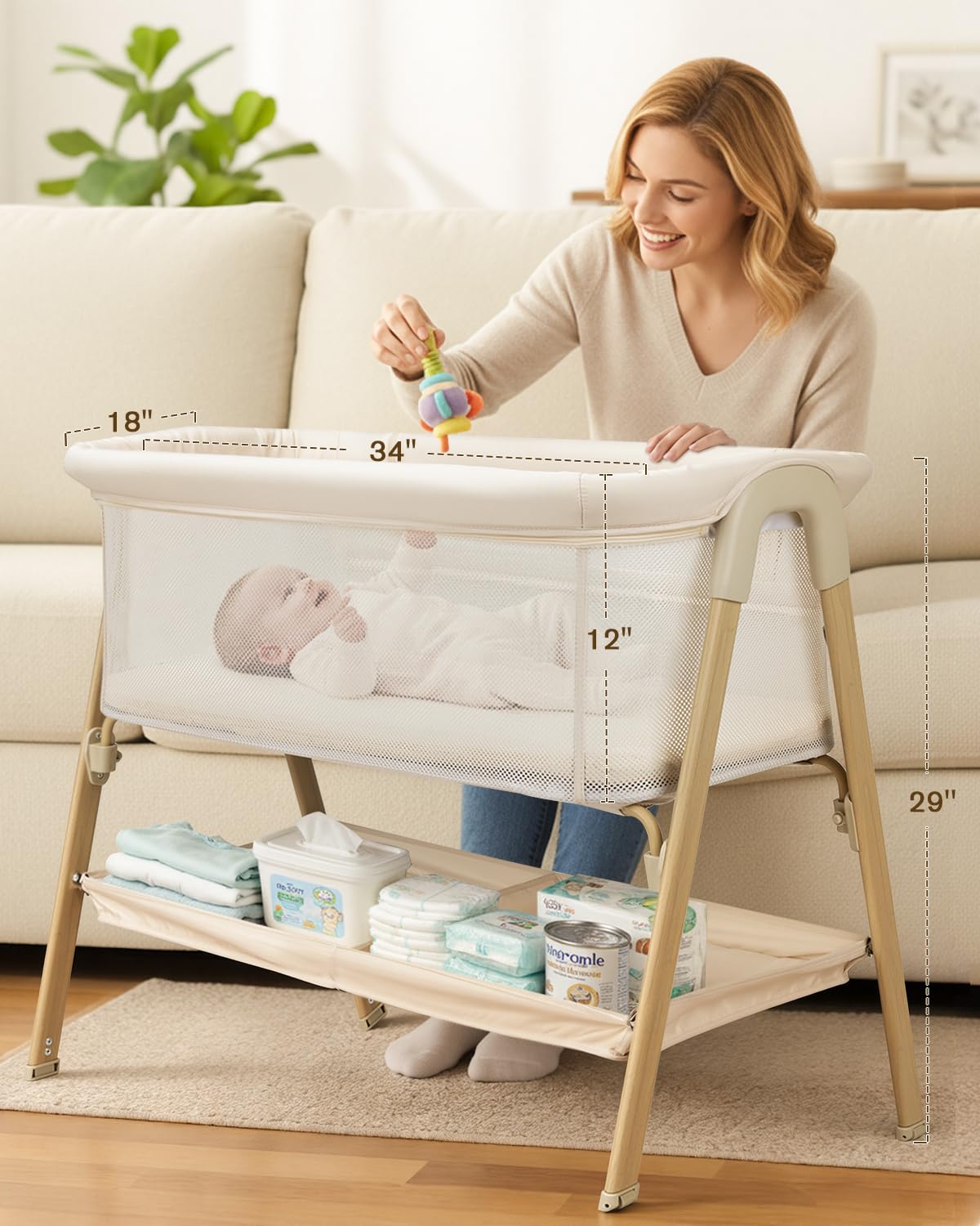 JevrJeur Bassinet side-rail adjustment for quick midnight feeding access.