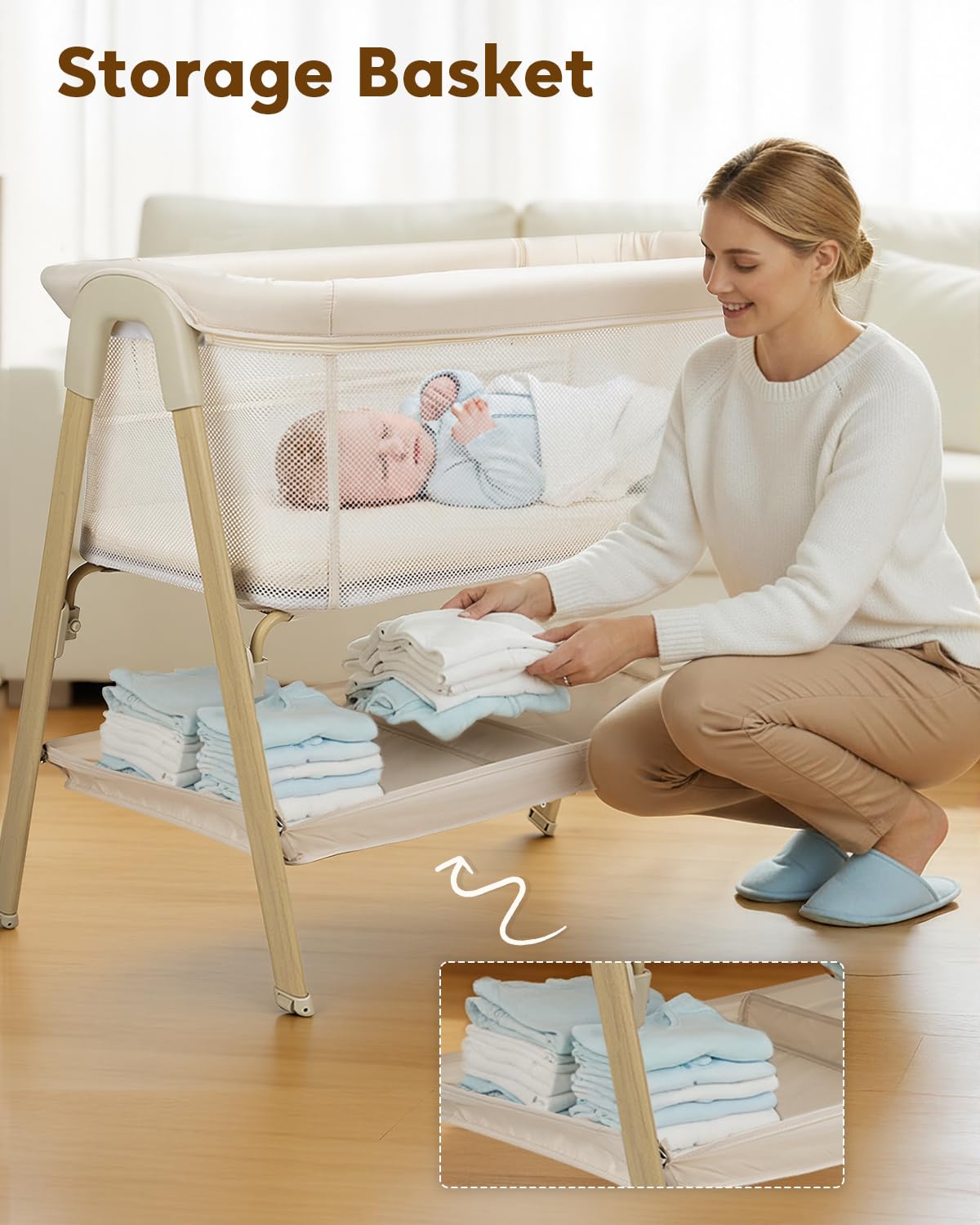 JevrJeur Bassinet storage basket keeps essentials within arm's reach.