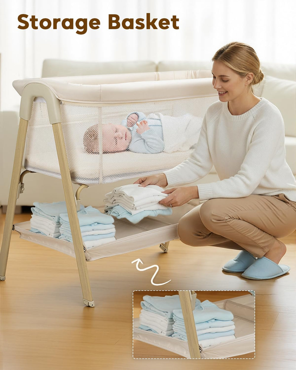 JevrJeur Bassinet storage basket keeps essentials within arm's reach.