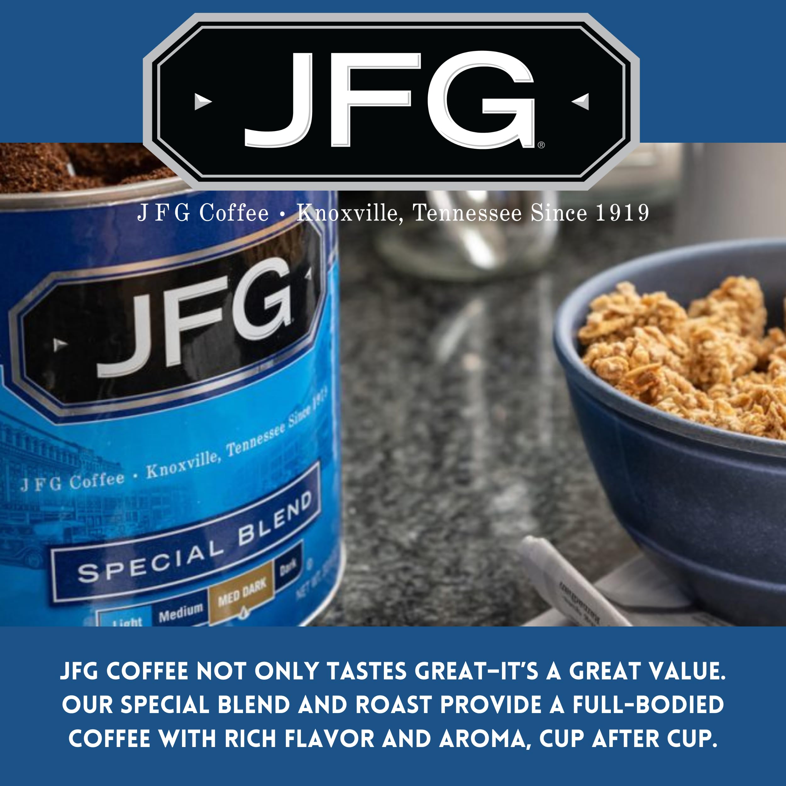 JFG Special Blend ground coffee for consistent brewing.