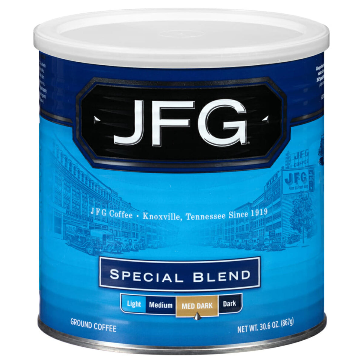 JFG Special Blend Medium-Dark Roast can for a rich morning aroma.