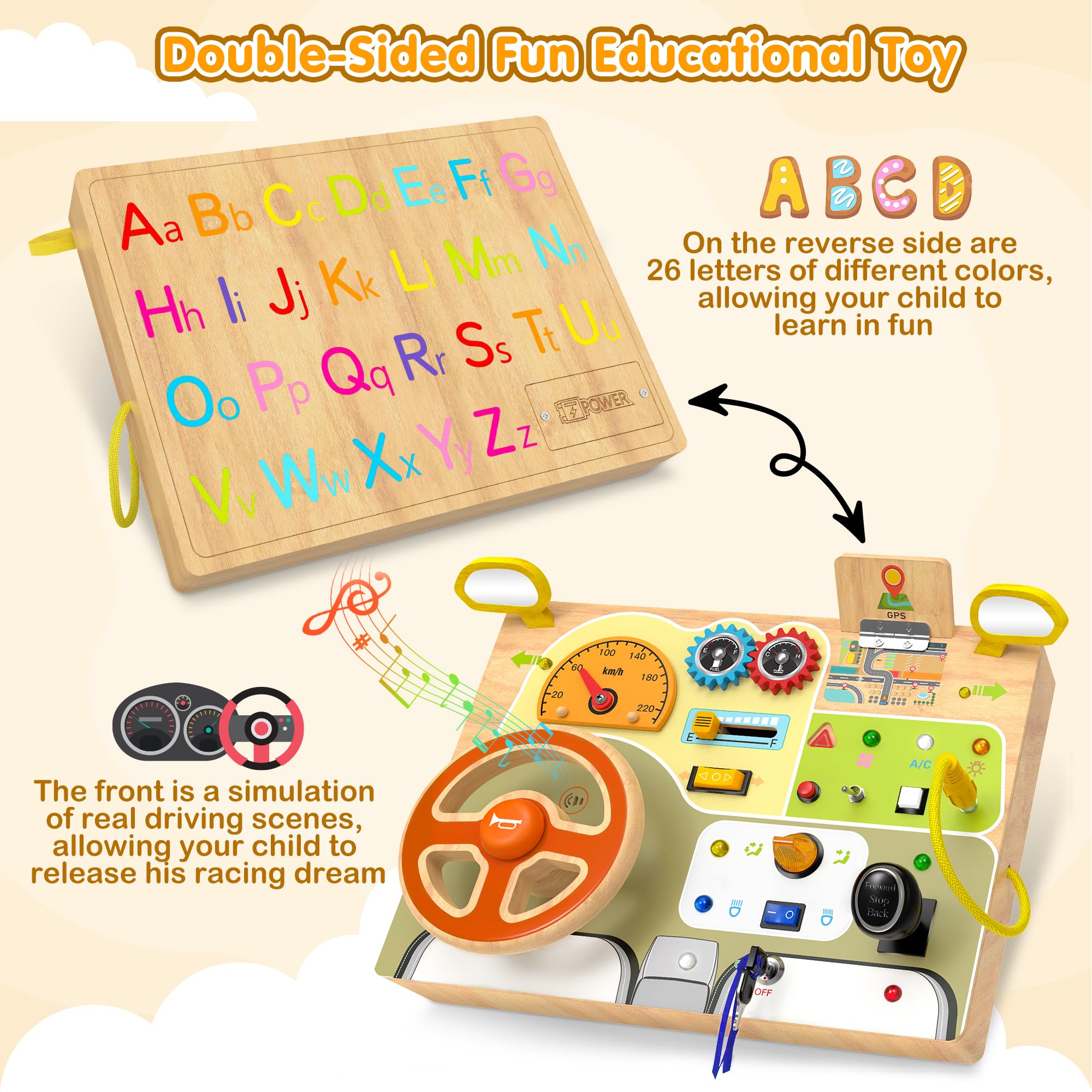 JGOBUB Montessori Busy Board dash lights support color recognition and visual tracking.