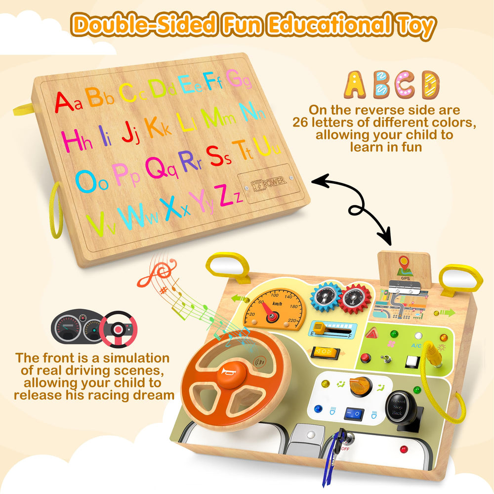 JGOBUB Montessori Busy Board dash lights support color recognition and visual tracking.