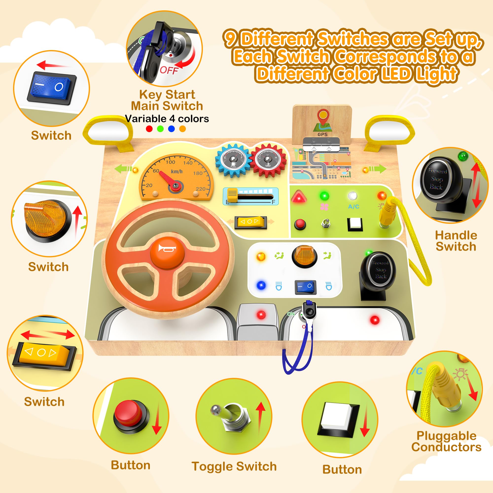 JGOBUB Montessori Busy Board ignition switch encourages cause-and-effect exploration on the go.