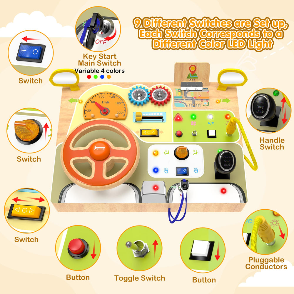 JGOBUB Montessori Busy Board ignition switch encourages cause-and-effect exploration on the go.