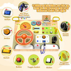 JGOBUB Montessori Busy Board ignition switch encourages cause-and-effect exploration on the go.