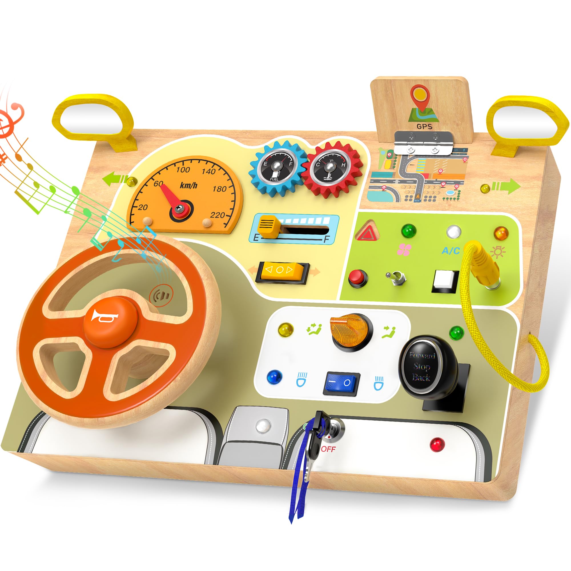 JGOBUB Montessori Busy Board steering wheel focus promotes fine motor play and imaginative driving.