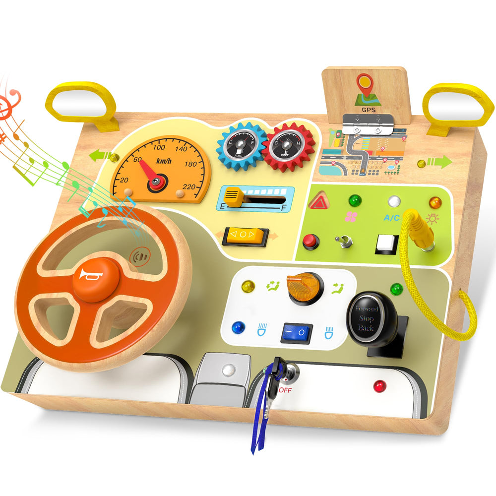 JGOBUB Montessori Busy Board steering wheel focus promotes fine motor play and imaginative driving.