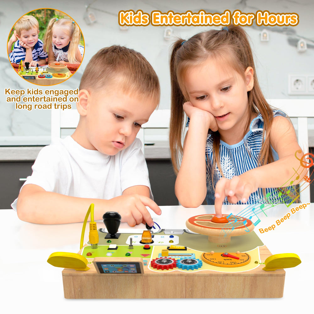 JGOBUB Montessori Busy Board travel-compact design fits car seats and plane trips.