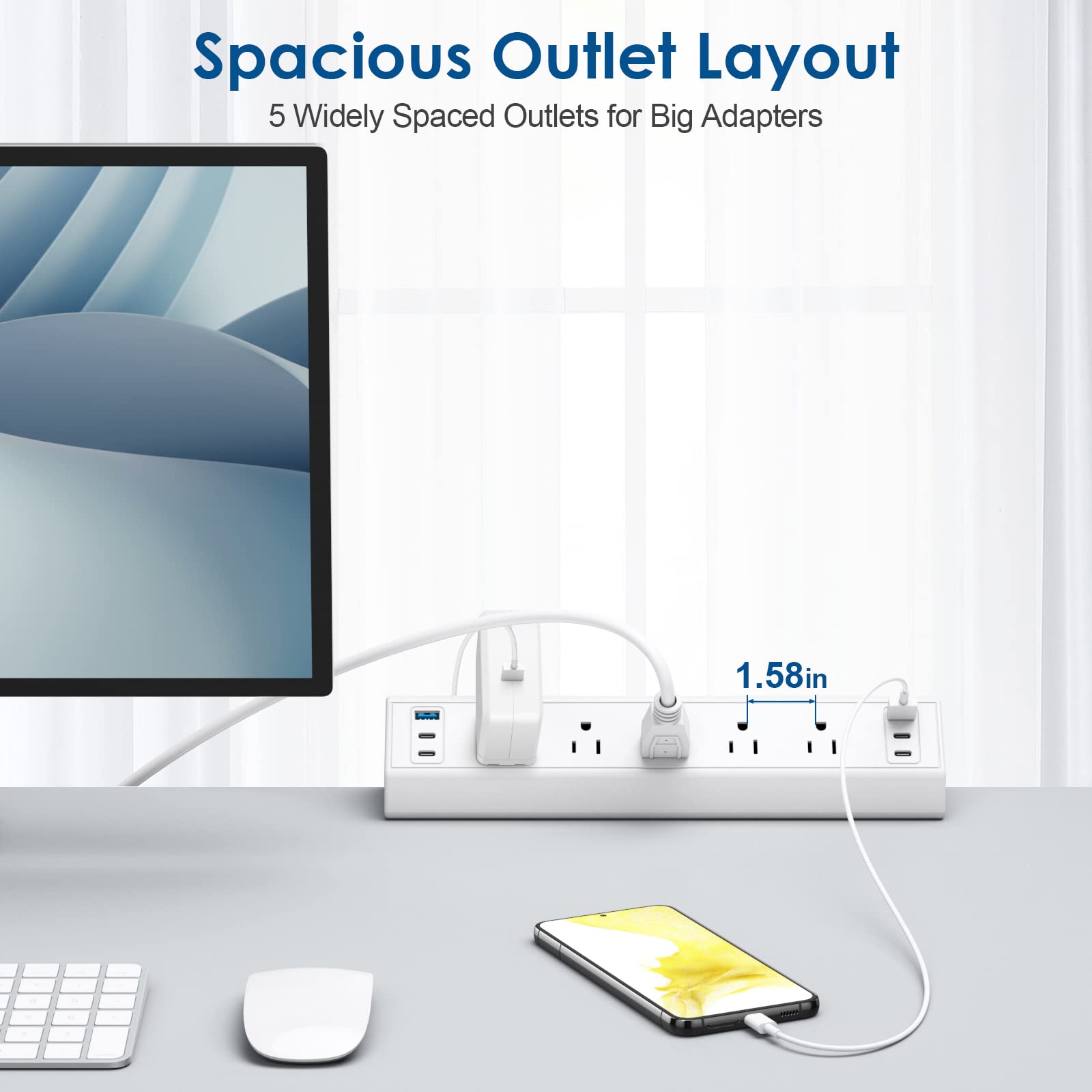 Jgstkcity five outlets laid out to keep adapters organized on the desk.