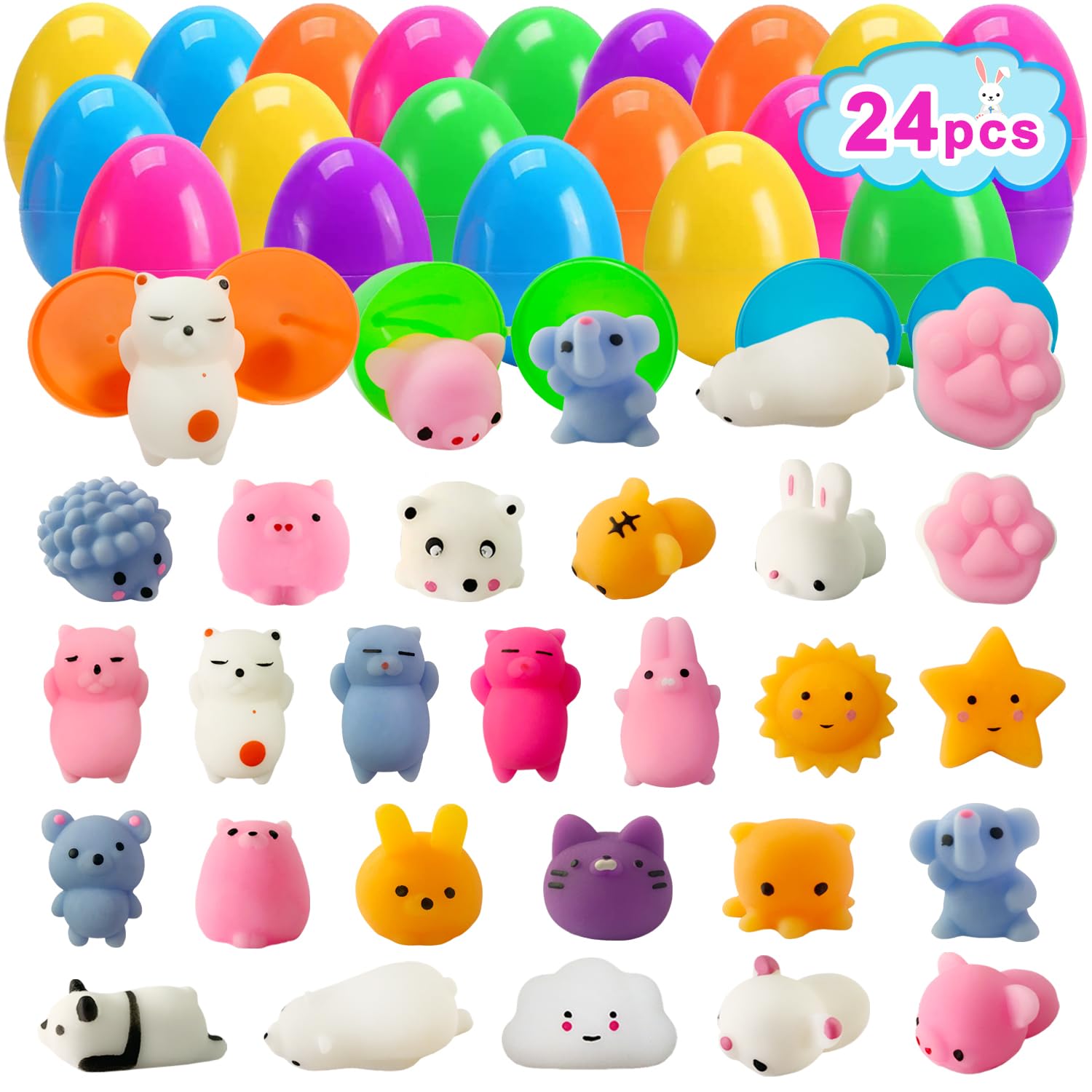 JIALWEN Easter egg set with 24 eggs and mochi squishy toys for engaging, non-candy party fun