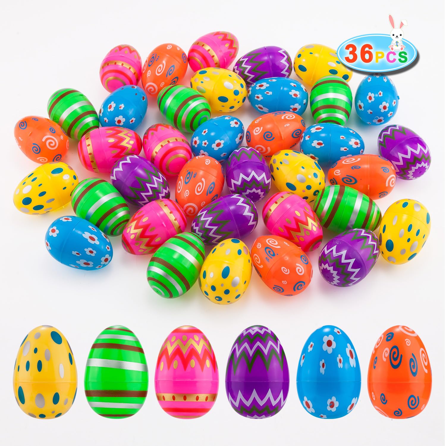JIALWEN Easter eggs with bright printed patterns for festive egg hunts and decorations.