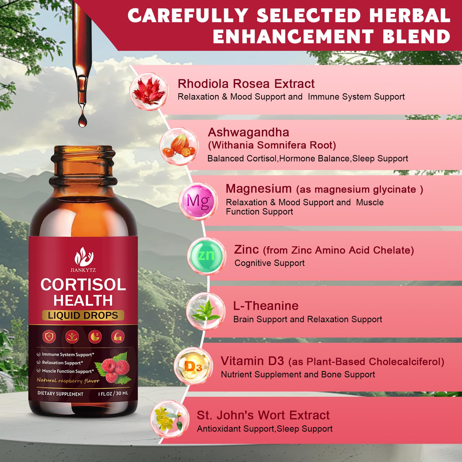 JIANKYTZ cortisol liquid drops ingredients panel highlights magnesium, zinc, and vitamin D3.