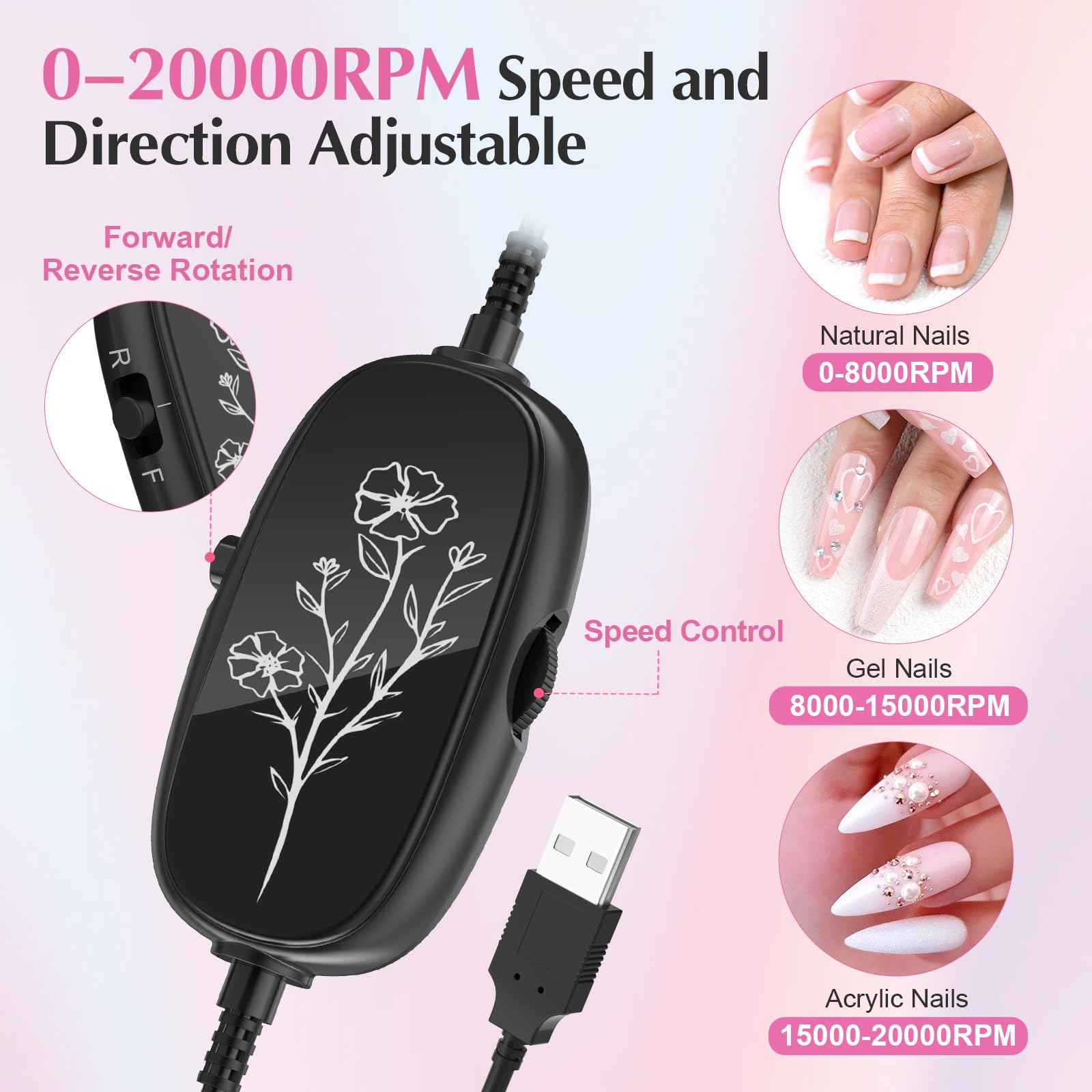 JIASHENG USB nail drill speed control for customizing sessions.