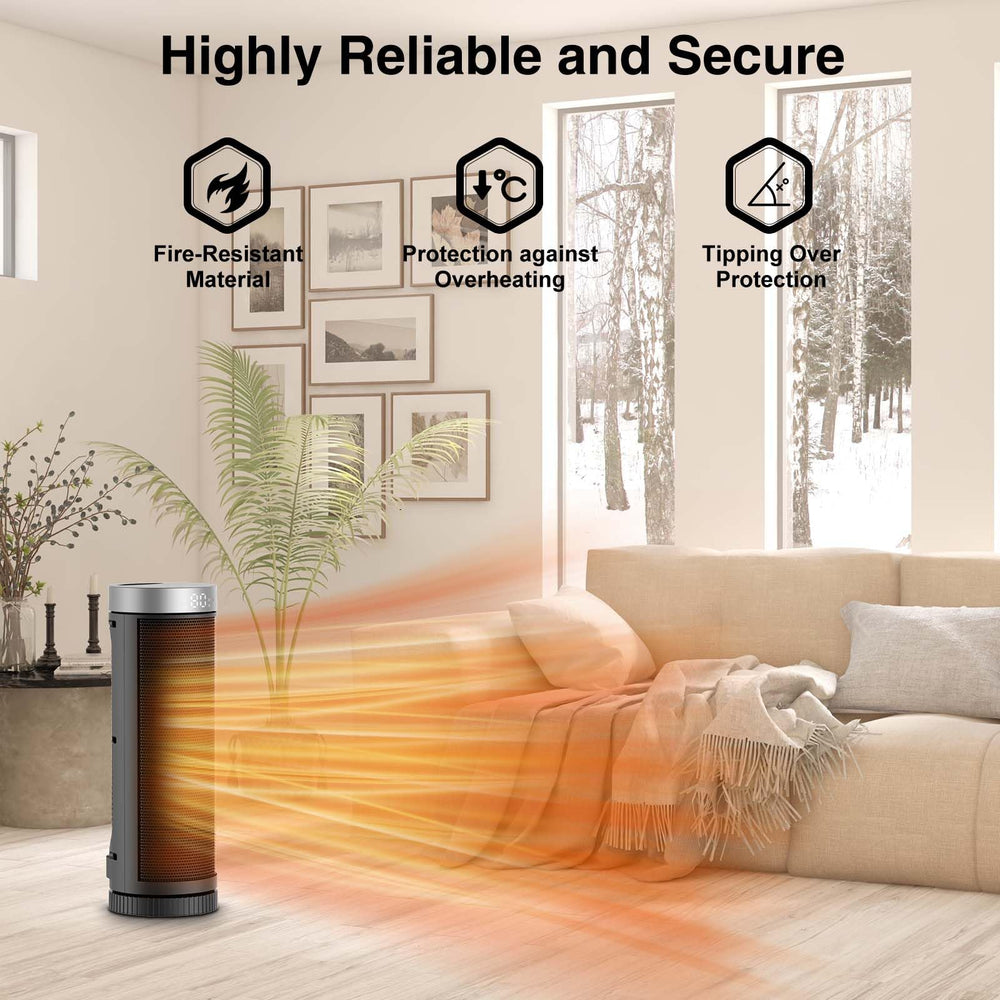 JIBUFI ceramic space heater emitting warm ambient heat in a living space.