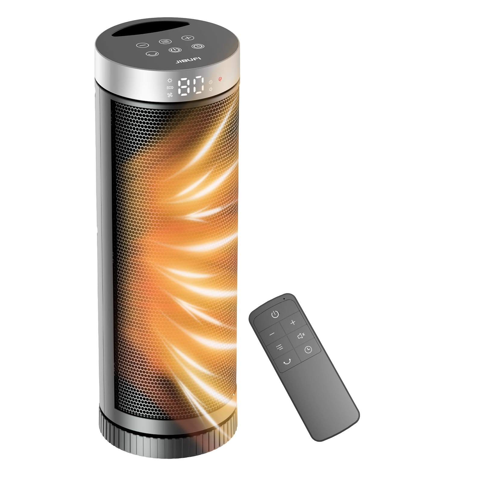 JIBUFI ceramic space heater front view showing compact design for small spaces and quick warmth.