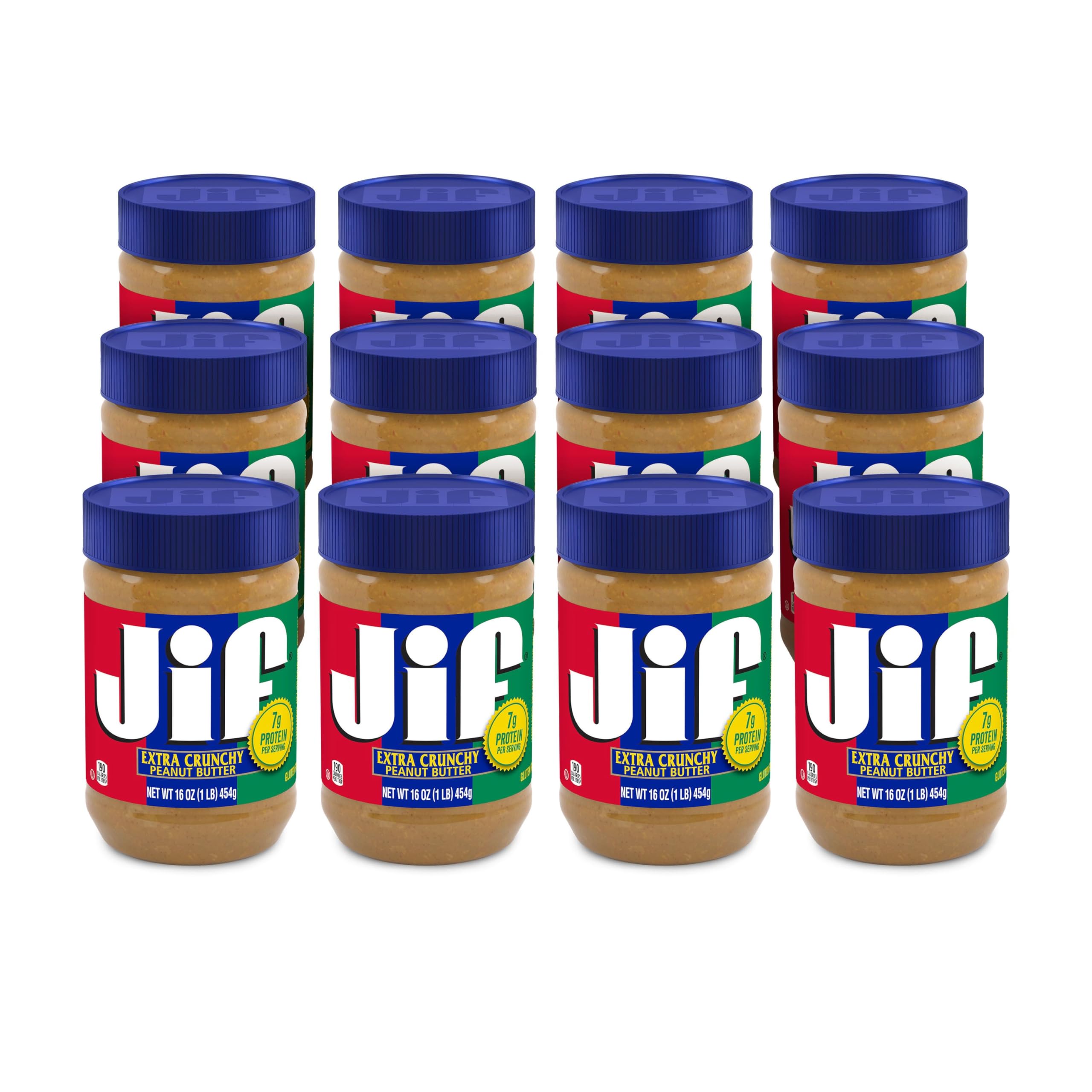Jif Crunchy Peanut Butter jar front shows rich flavor for quick snacks