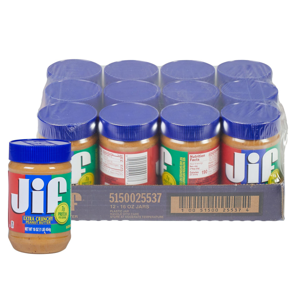 Jif Crunchy Peanut Butter label close-up shows gluten-free and kosher claims