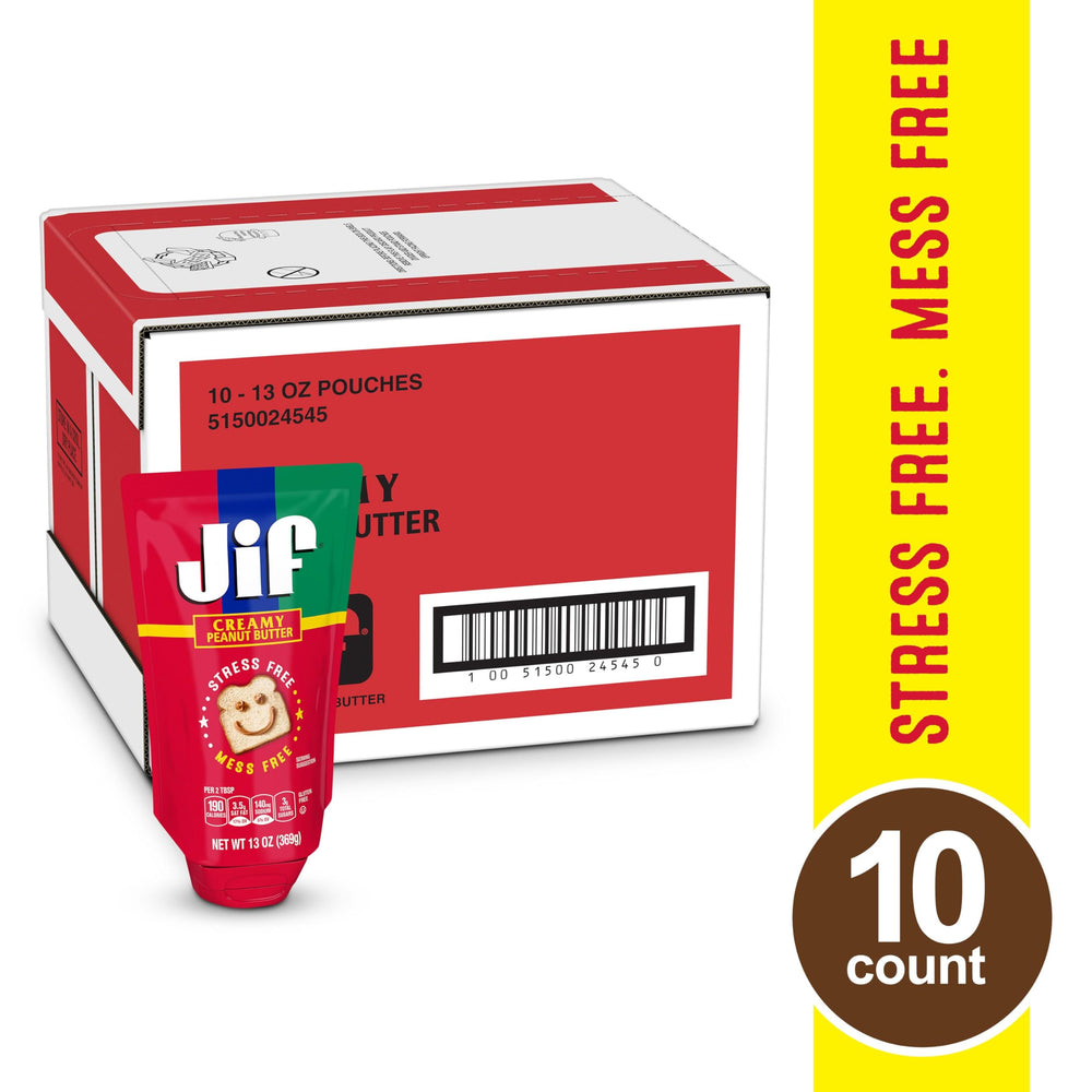 Ten 13-ounce Jif Squeeze pouches in the case for multi-serve snacking.