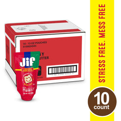 Ten 13-ounce Jif Squeeze pouches in the case for multi-serve snacking.