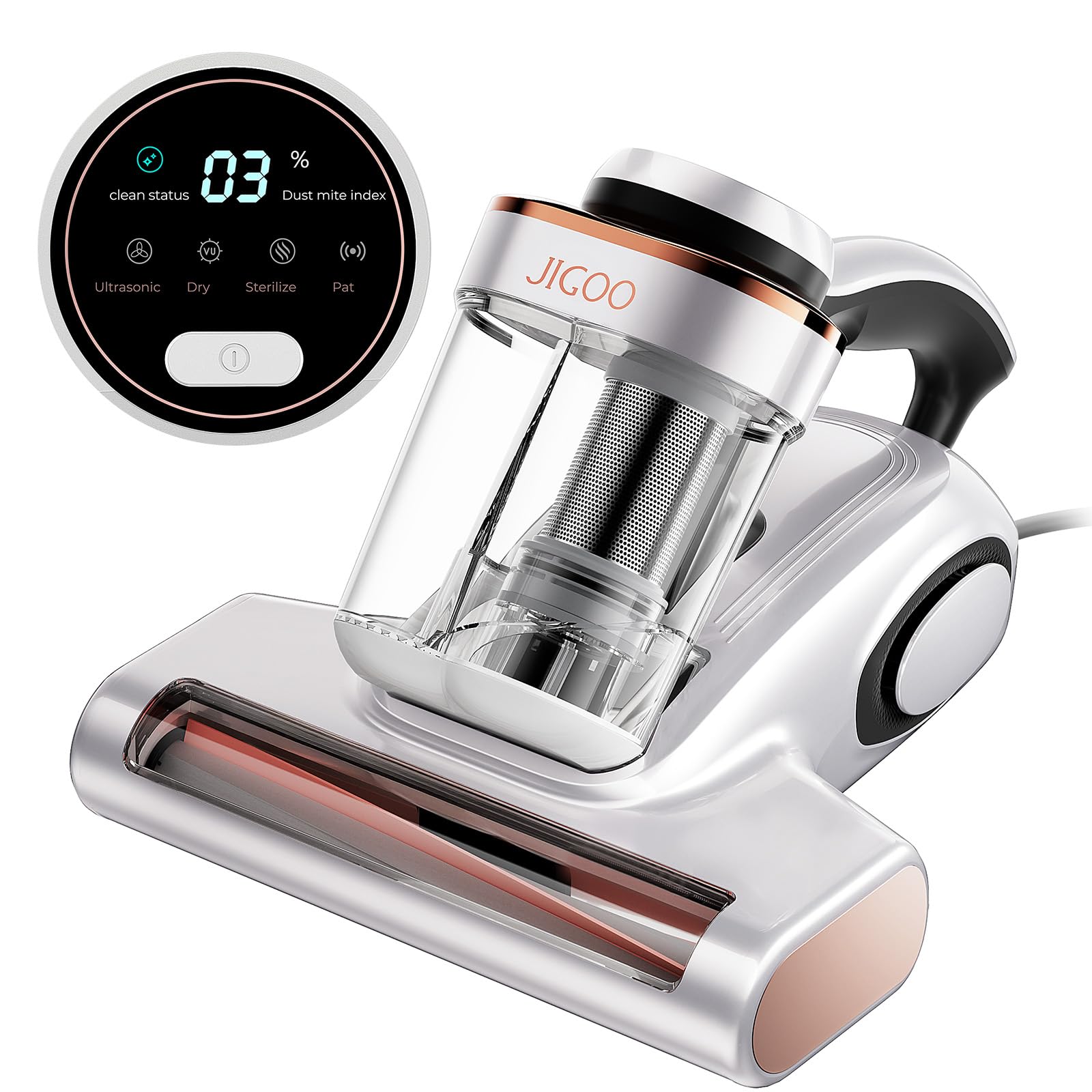 JIGOO J300 bed vacuum with dust sensor close-up shows dust index during cleaning