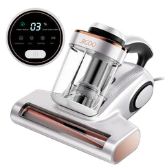 JIGOO J300 bed vacuum with dust sensor close-up shows dust index during cleaning