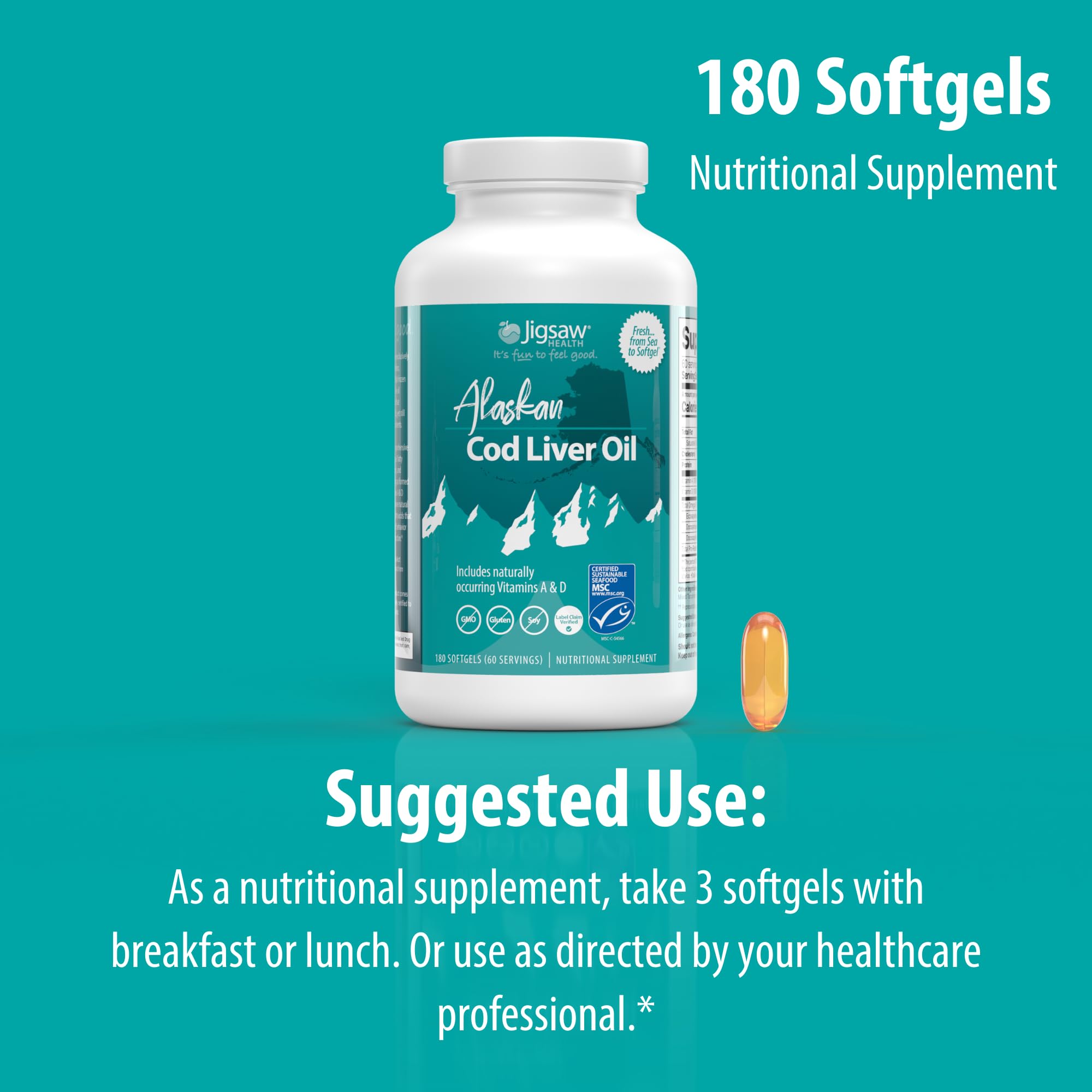Jigsaw Health Alaskan Cod Liver Oil visual shows naturally occurring A and D