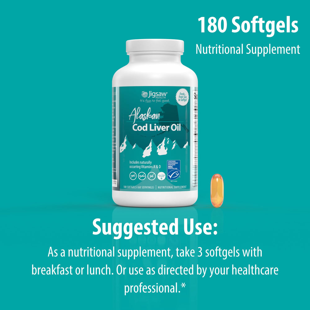 Jigsaw Health Alaskan Cod Liver Oil visual shows naturally occurring A and D