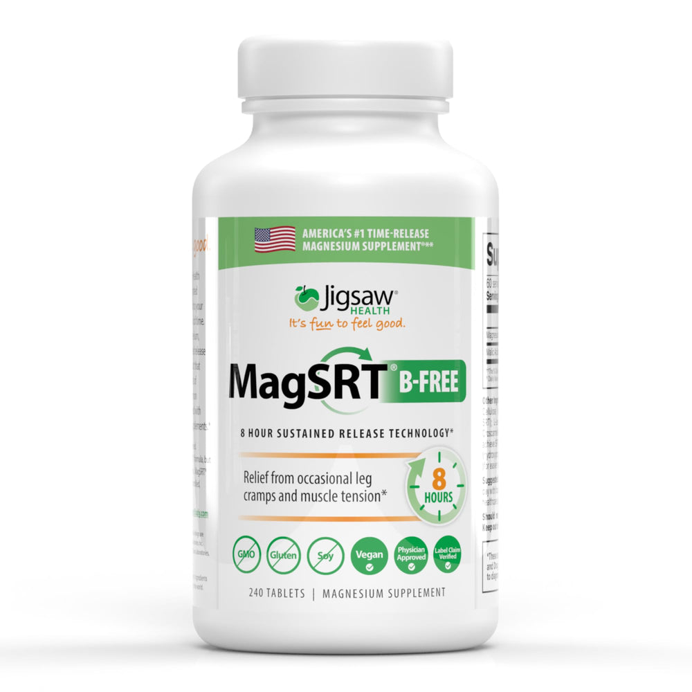 Jigsaw Health MagSRT B-Free bottle front view with slow-release magnesium tablets