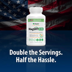 Close-up of MagSRT tablets in a 240-count bottle for 60 servings