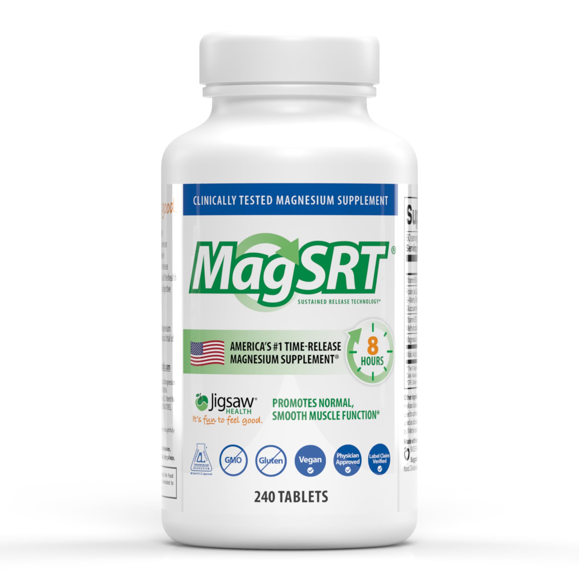 Jigsaw Health MagSRT bottle front with timed-release magnesium for steady absorption.