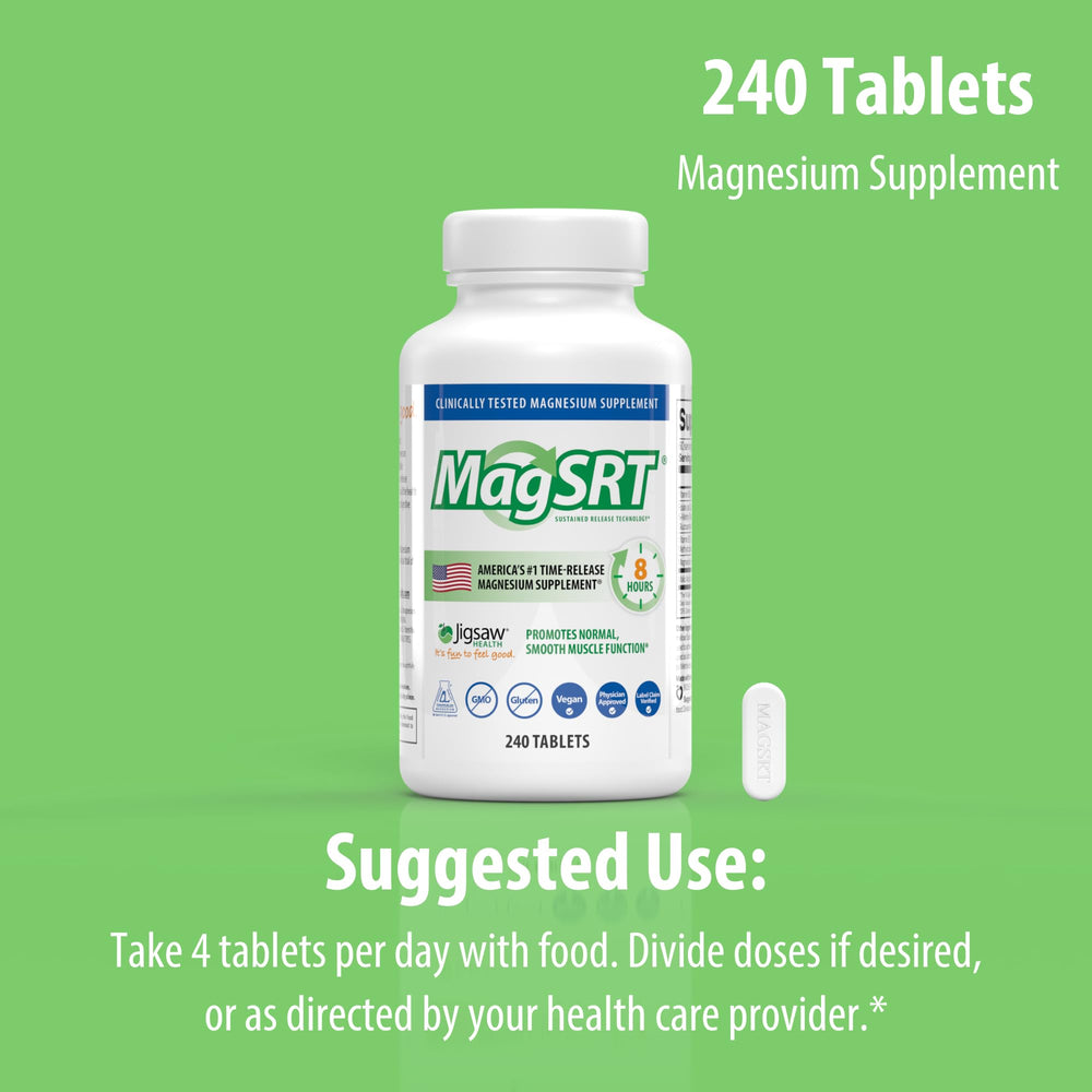 Jigsaw Health MagSRT on a nightstand for daily magnesium support.