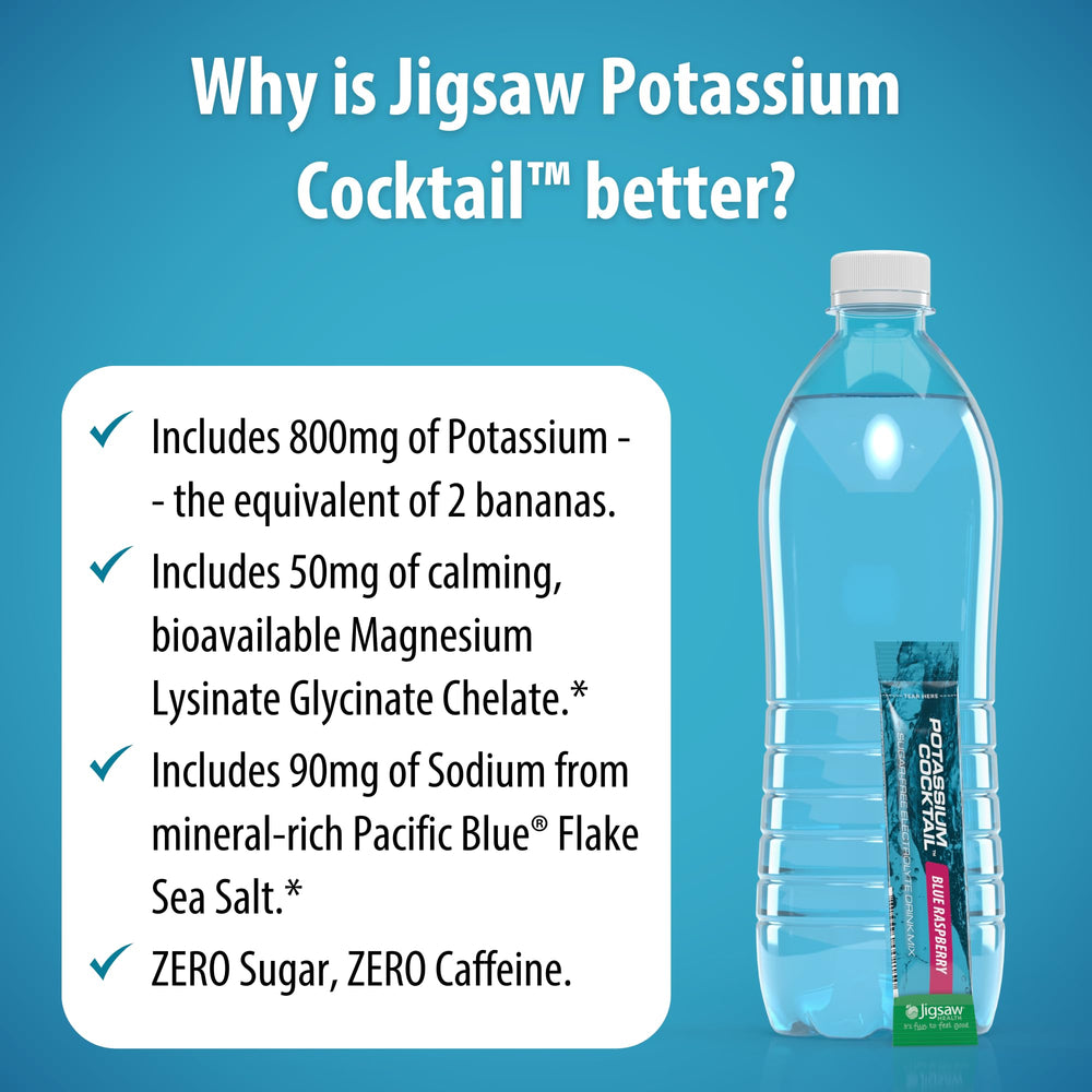 Jigsaw Health Potassium Cocktail blue raspberry ingredients and packaging.