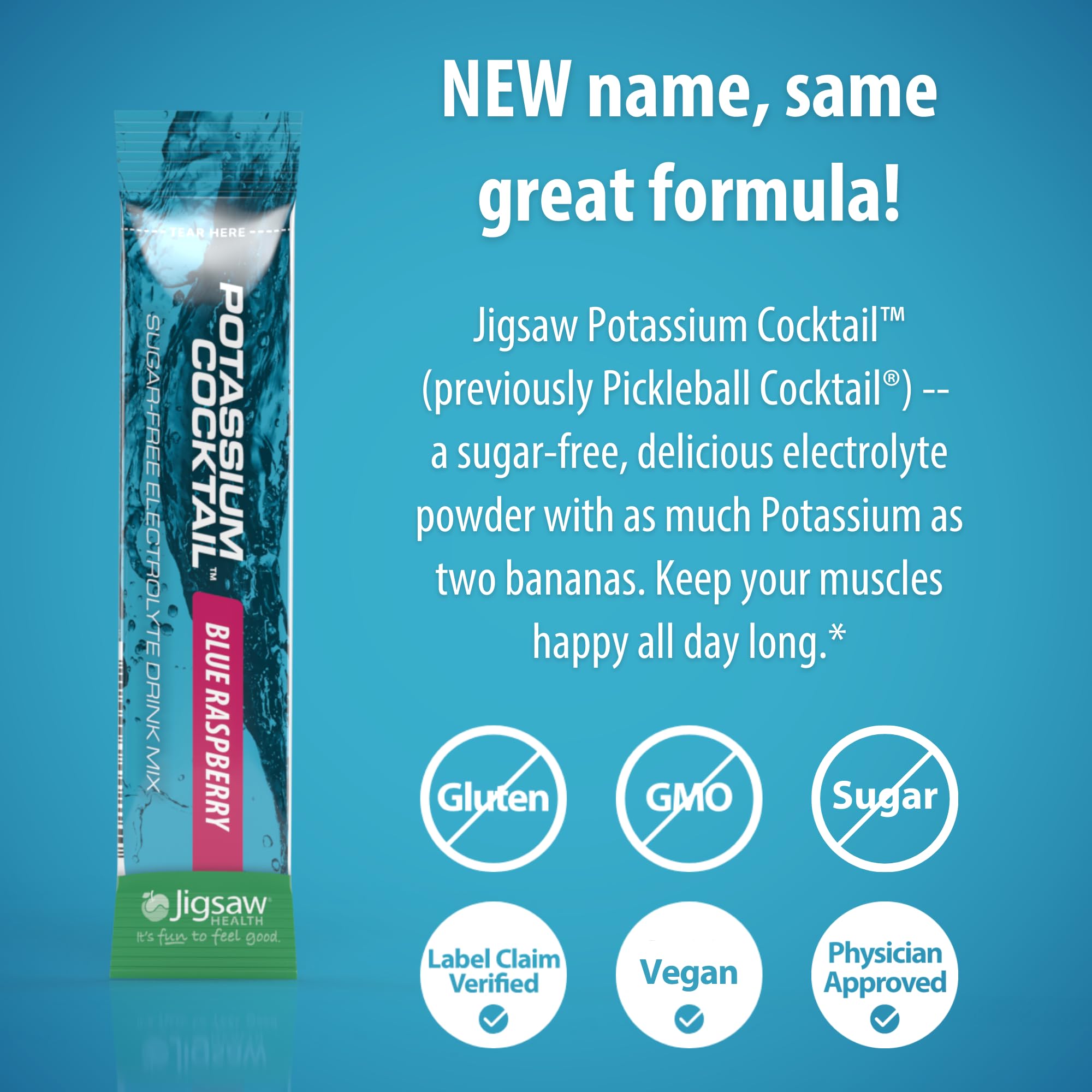 Close-up of Jigsaw Health Potassium Cocktail blue raspberry label for informed choices.