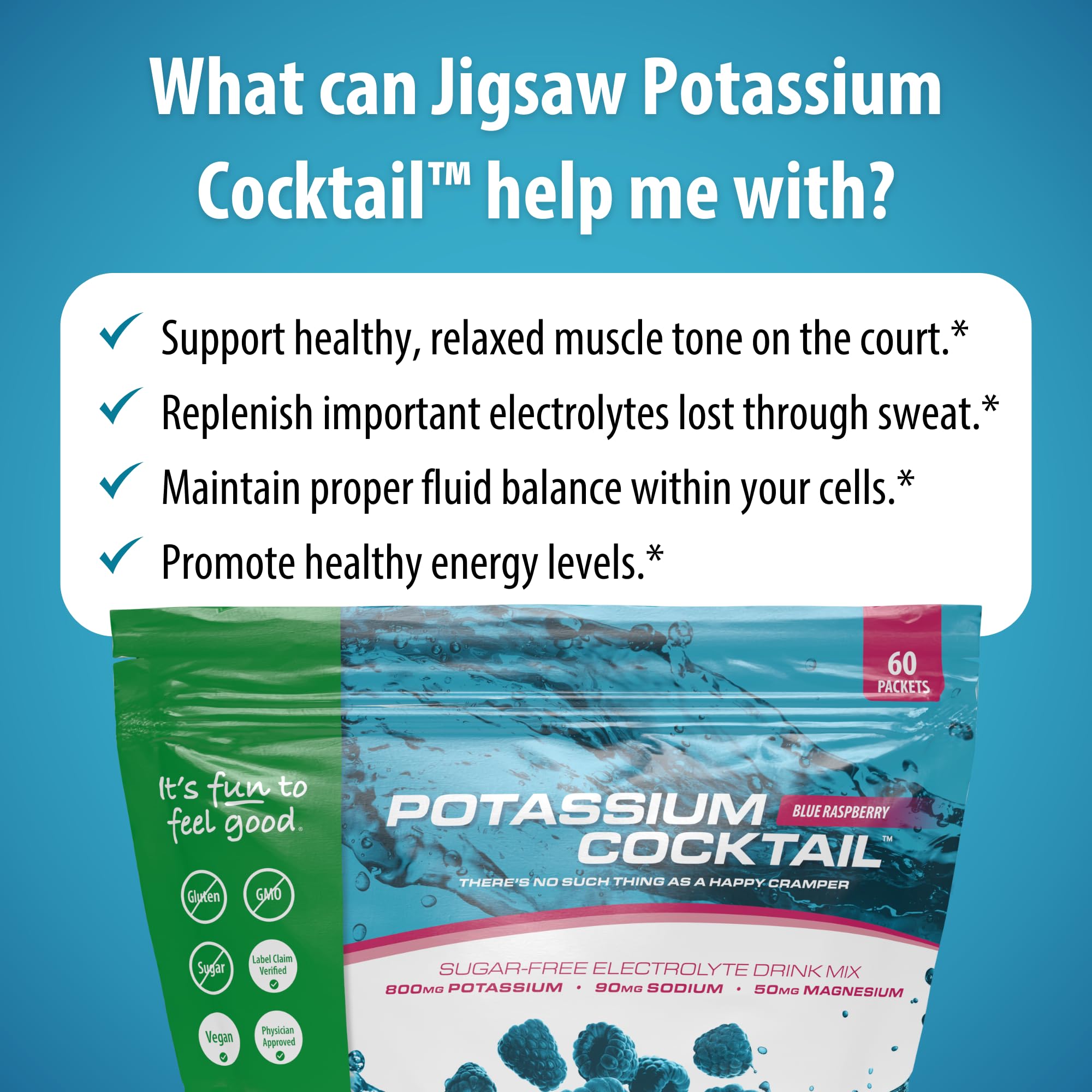 Jigsaw Health Potassium Cocktail blue raspberry on pantry shelf for easy access.