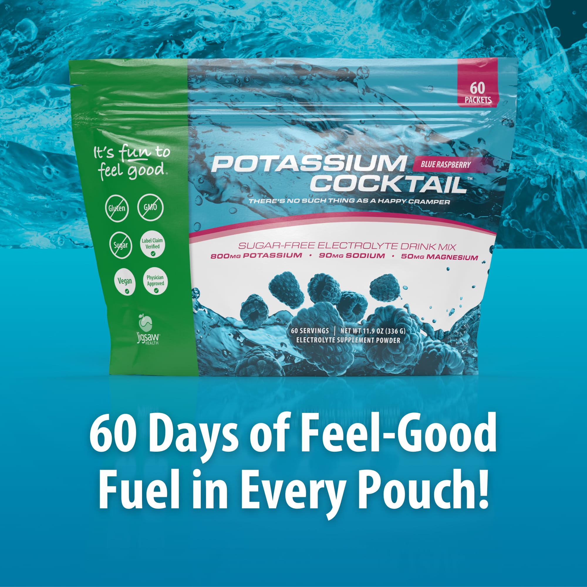 Pouring Jigsaw Health Potassium Cocktail blue raspberry into a glass for active mornings.