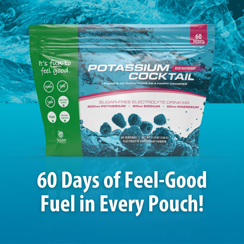 Pouring Jigsaw Health Potassium Cocktail blue raspberry into a glass for active mornings.